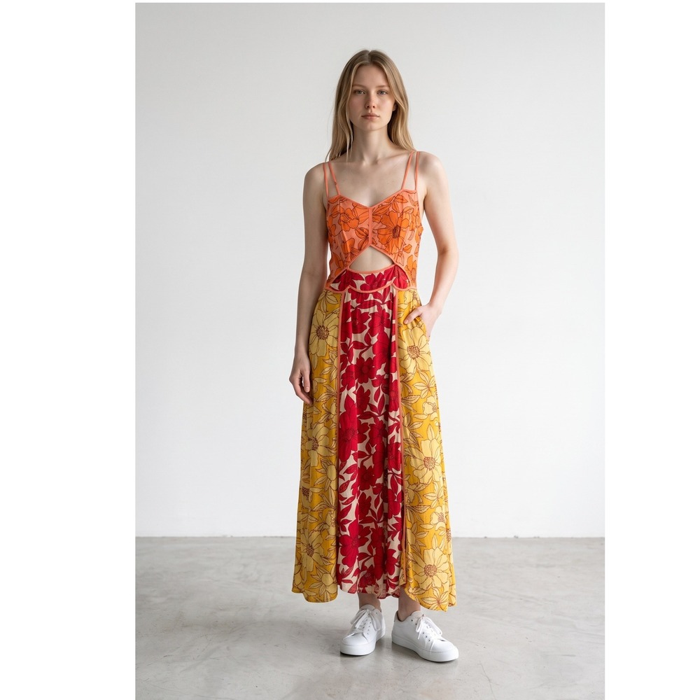 Reiss Isla cut out floral midi dress Colorblock Orange Red 4